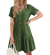 HOTOUCH Women Button Down Dress Loose Summer Cotton Linen Dress Ruffle Hem Casual Dress Short Sle...