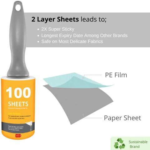 Dinial 2 Lint Roller Remover Handles + 2 Refills (400 SHEETS IN TOTAL) For Removes Pet Fur, Dust, Dirt from Clothes, Furniture, Carpet, Cars, Floor & Dog, Cat Hair.