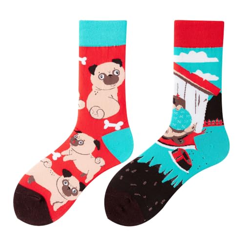 NxnChc Lustige Socken Für Damen Und Herren Unisex Viele Mops Motive Tier Essen Obst Sport Kunst Aus Baumwolle Geschenk Asymmetrische Muster Links Und Rechts
