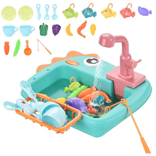 Fregadero de juguete con agua para niños y set de cocina de dinosaurio de 21 piezas