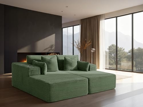 Image of 72 inch Cloud Sectional Couch, Comfort Sleep Sofa for Living Room, Extra Deep Seats No Assembly, Minimalist Modular Couch, Corduroy (Olive Green, Loveseat Chaise)