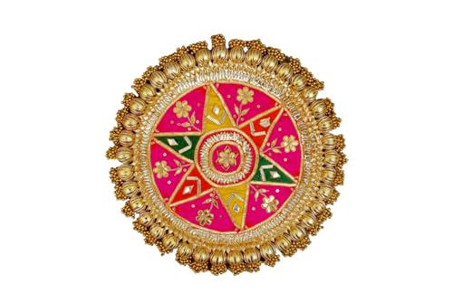 Image of Wood Handmade Gota Patti Work Plate, Table Decor & Base For Statues, Gods, Plant, Craftsmanship With Golden Moti Detailing, Gift For Diwali, Birthdays, Housewarming Size 13 inch Pink 1