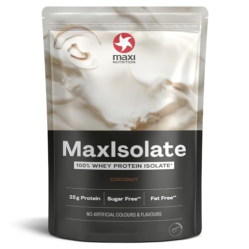MaxiNutrition 100% Whey Protein Isolate Cocos, 1 kg - Premium-Molkenproteinisolat-Proteinpulver mit 83% Eiweiß, 33 Shakes à 25 g Eiweiß, mit echten Kokosraspeln, ohne künstliche Aromen, viele BCAAs