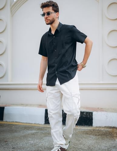COOFANDY Mens Cuban Shirt Short Sleeve Button Up Beach Shirt Guayabera Shirts for Men Black - Image 3