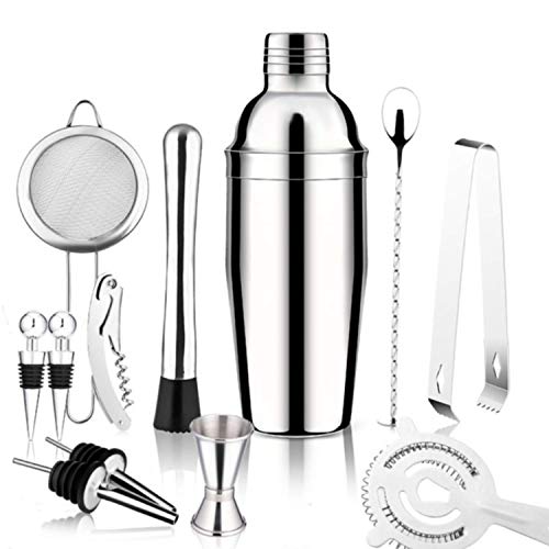 KIT COQUETELEIRA EM AÇO INOX E SUPORTE DE BAMBU 13 PEÇAS
