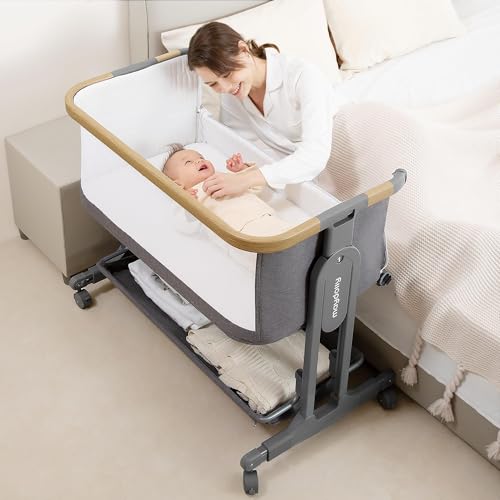 Image of 3-in-1 Baby Bassinet Bedside Sleeper, Baby Bassinet Bedside Crib with Mattress & Breathable Sheet, Full Mesh Sides, 7 Height Levels, Stable & Secure Bedside Crib for Newborns (Grey)