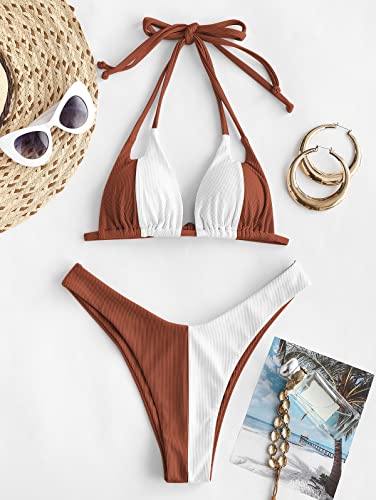 Zaful Women's Ribbed Colorblock Bikini Dual Strap Halter Swimwear High Leg Bikini Set #TOP2