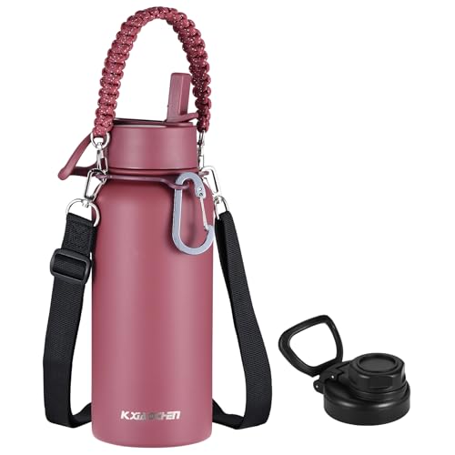 KXIAOCHEN Insulated Water Bottle, Stainless Steel Water Bottle, 2 Lids (Straw and Handle Lid),Wide Mouth Metal Water Bottles Keep Hot and Cold, Double Walled, Thermo Mug, Metal Canteen