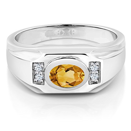 Gem Stone King Men's 925 Sterling Silver Yellow Citrine and White Created Sapphire Ring (1.41 Cttw, Gemstone November Birthstone, Oval 8X6MM, Available In Size 7, 8, 9, 10, 11, 12, 13)2