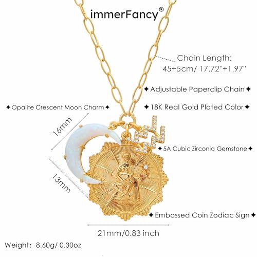 Gold Zodiac Sign Embossed Coin Opal Crescent Moon Charm Necklace for Women Trendy 18K Gold Plated Retro Paperclip Chain 12 Constellation Horoscope Necklaces Astrology Jewelry Gifts4