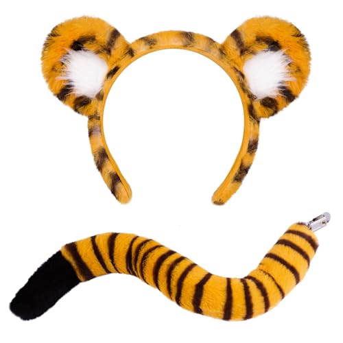 Beviliu Tiger Ears and Tail Set 2 Pieces Tiger Costume Accessories Realistic Animal Ears Headbands for Adults Party Cosplay Halloween Washing Makeup
