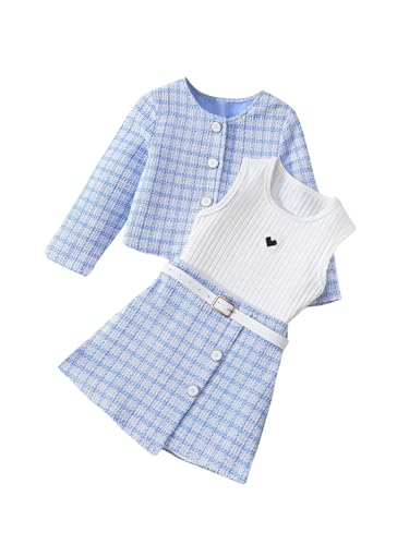 Image of Floerns Toddler Girl's 3 Piece Outfit Plaid Print Jacket with Belt Skirts Rib Knit Tank Top