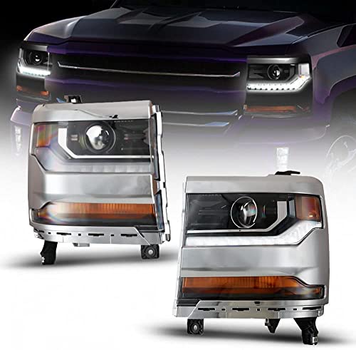 Roxx Headlight Assembly Fits For 2016-2019 Chevy Silverado 1500 [Hid/Xenon Type] Projector Chrome Headlights With Led Parking Lamp, 16-19 Chevy Silverado 1500 Headlights Assembly Replacement 1 Pair #TOP9
