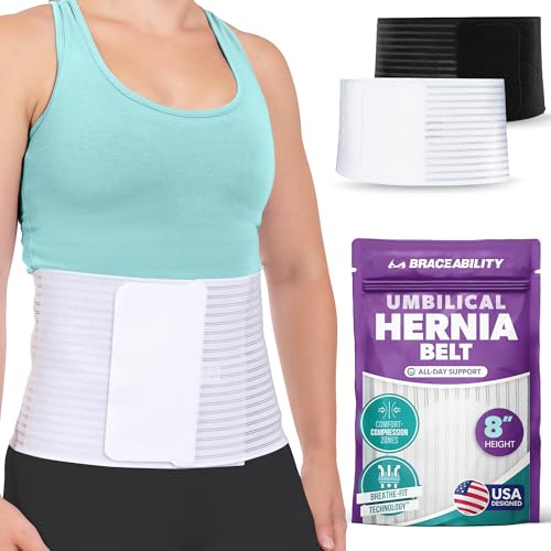 Image of BraceAbility Umbilical Hernia Belt - Abdominal Binder Truss with Compression Pad for Belly Button, Navel, Ventral, Epigastric, Hiatal Hernia Relief, Surgery Brace for Men or Women (S /M 8 inch White)