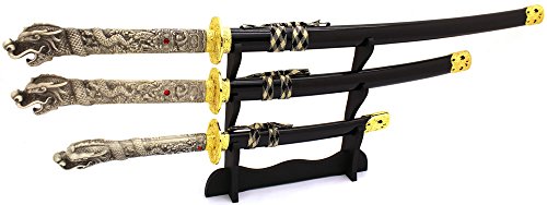 Snake Eye Tactical Dragon Design Handle Samurai Katana Triple Sword Set w/Sword Stand (Black & Gold)