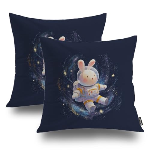 Shrahala Rabbit Astronaut Galaxy Floating Decorative Pillow Covers, Bunny in Space Suit Stars Around Throw Pillow Cover Blended Hidden Zipper Cushion Cases for Sofa Couch Bed Set of 2 (22 X 22 in)