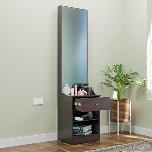 Image of VIKI | Engineered Wood Dressing Table with 1 Drawer, Mirror and Huge Storage Space | Vanity for Living Room, Bedroom (Dark Wenge- 43.8W x 40D x 182.6H cms)