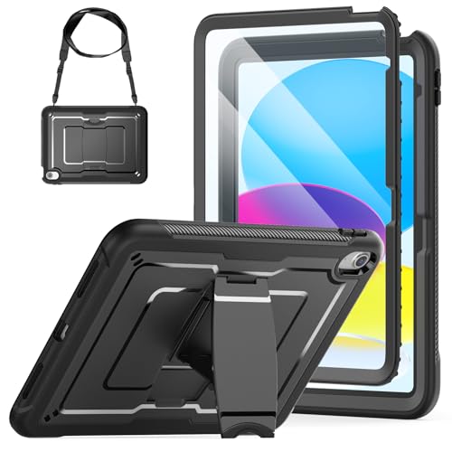 SEYMAC stock iPad A16 第11世代/第10世代専用ケース 耐衝撃 フィルム付き前面カバー 横置きスタンド 肩掛けショルダーストラップ付き