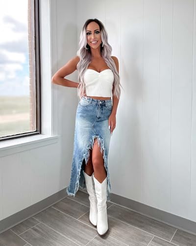 utcoco Women's 2025 Irregular High Waist Denim Skirt Distressed Fringed Hem A-Line Jean Maxi Skirts3