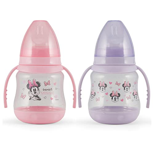 Disney 2 Pack 7 Ounce Baby Bottles with Character Prints and Colored Covers with Double Handle - BPA Free and Easy to Clean