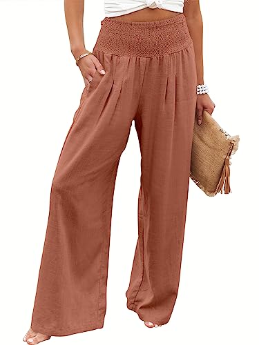 ANRABESS Women Linen Palazzo Pants Summer Boho Wide Leg High Waist Casual Lounge Pant 2026 Beach Travel Vacation Outfits Brick Red Medium