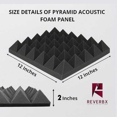 Image of Pyramid Acoustic Foam Panels (Pack of 108) - Compressed Packing - 12 inch X 12 inch X 2 inch, 38 Density | Acoustical Soundproofing for Studio, Theater etc | Echo & Reverb Absorption (Charcoal Black)