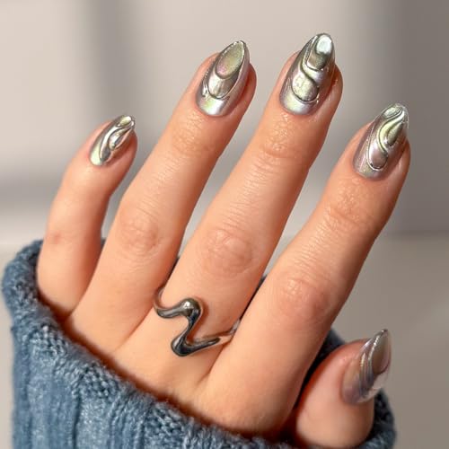 Glamnetic Press On Nails x Harry Potter - Unicorn Blood | Short Almond Fake Nails with Silver Chrome & 3D Swirl Design Salon Quality Officially Licensed | 15 Sizes - 30 Nail Kit with Glue