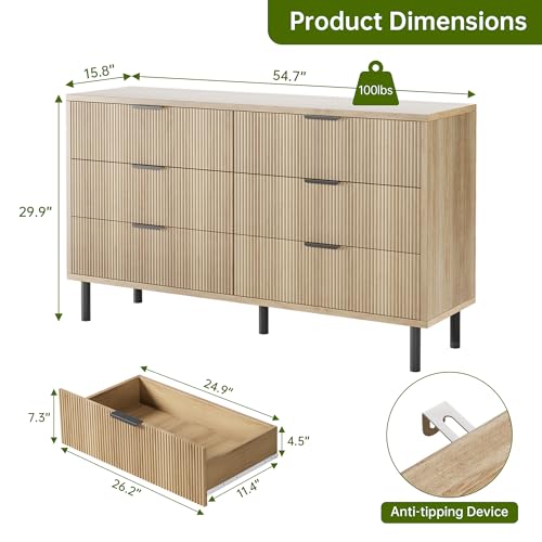 GarveeHome Oak Fluted 6 Drawer Dresser, Wide Wood Double Dresser with Metal Legs and Handles, Modern Chest of Drawers with Anti-Tipping Design for Bedroom Living Room Hallway