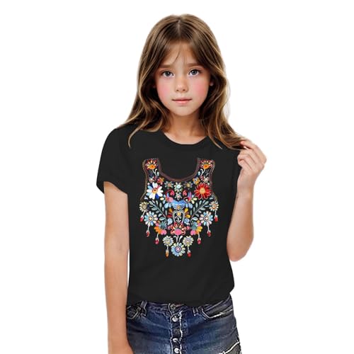 Girls Summer Mexican Shirts Embroidered Tops Traditional Summer Blouse Floral Tunic Round Neck Short Sleeve