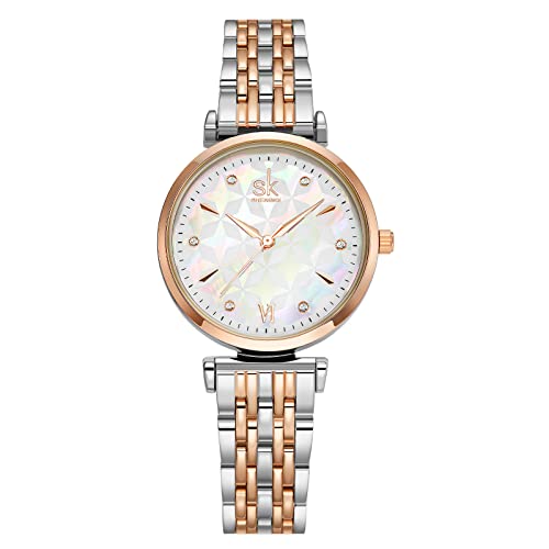 SHENGKE Reloj para Mujer, Reloj de Cuarzo para Mujer Nácar de Lujo de Moda Reloj Regalo Cumpleaños Mujer Reloj de Pulsera para Mujer,Oro Rosa y Plateado Cover