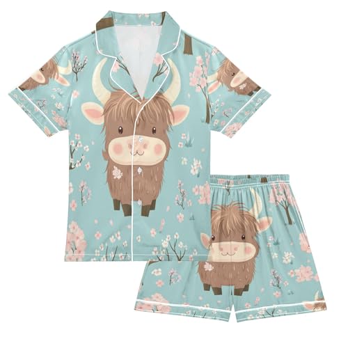 Satin Pajama Sets Short Sleeve Highland Cow and Cherry Blossom Button Down Silky Nightwear 2 Piece PJS 5-14Y