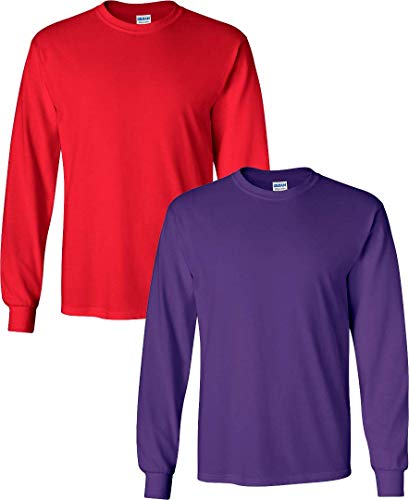 Gildan Lot de 2 T-shirts Ă manches longues en coton ultra Rouge/Violet