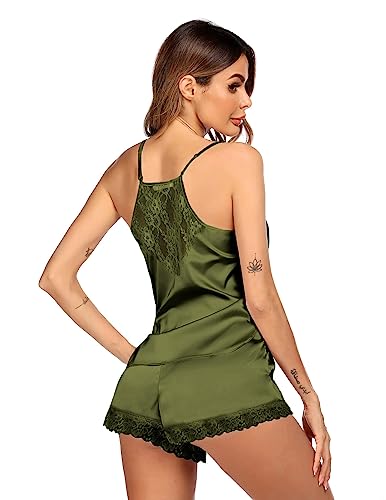 Image of Ekouaer Sexy Lingerie for Women Satin Pajama Sets Lace Cami Short Pj Sets | Soft and Comfortable Fabric,Fitted,V Neck,Adjustable Spaghetti Straps,Lace edge,for Sleepwear,Casual,Vacation