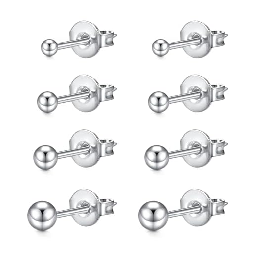 4 Paar Ohrstecker Set 3-6mm Kugel Ohrstecker Silber,20G Chirurgenstahl Medizinische Ohrstecker Knorpel Ohrstecker für Damen und Herren Mehrfache Piercings Schmuck