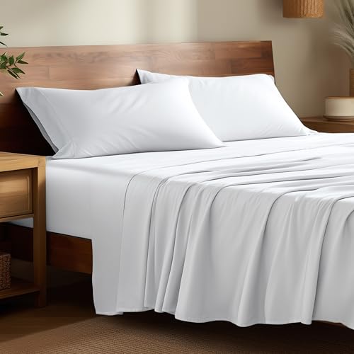 Bare Home 100% Rayon Made from Bamboo Luxury Queen Sheet Set - 4 Piece Bedding Set - Deep Pockets - Cooling Sheets - Breathable - Easy Fit - Soft Bedding Sheets & Pillowcases (Queen, White)