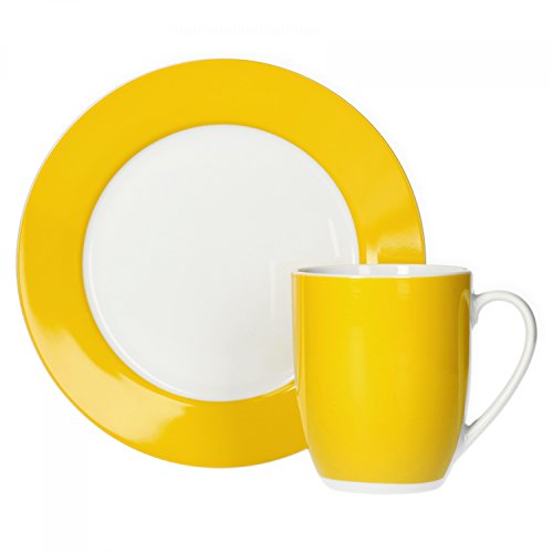 van Well Vario Frühstücksset 12-teilig Kombi-Service 6 Personen - Geschirr-Set Kaffee, Frühstück & Tafel - je 6 kleine, flache Frühstücksteller & Kaffeebecher aus Porzellan - Gelb
