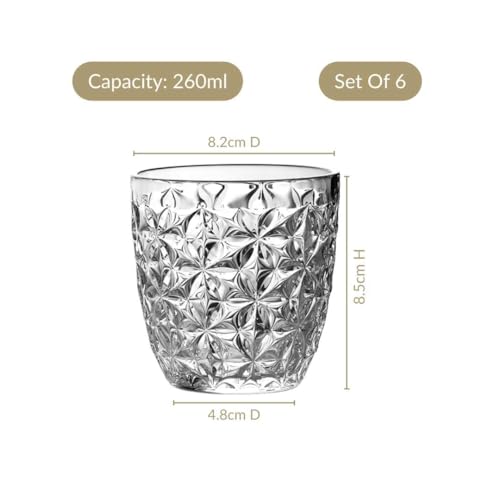Image of Nestasia Transparent Small Juice Glasses Set of 6 (260 ml Each) - 100% Food Safe & Dishwasher Safe Floral Textured Tumblers - Ideal for Water, Tea, Coffee & Refreshments - Perfect for Gifting