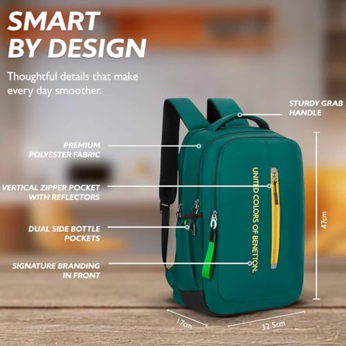 Image of United Colors of Benetton Unisex High-School Backpack RUNWAY | 3-Compartment Slim Design with Branded Print | Backpack for School Girls and Boys | 25L Capacity