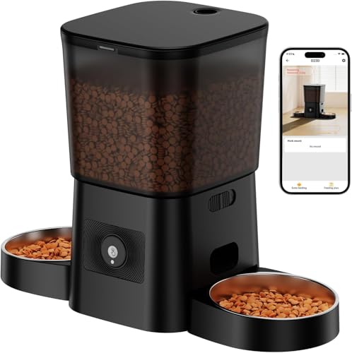 HONEYGUARDIAN Futterautomat 2 Katzen mit APP, Katzenfutter Automat 2 Näpfe, 5G/2.4G WiFi Intelligenter Automatischer Futterspender für Katze/Hunde, Einfach zu bedienen, APP-Steuerung, 1-6 Mahlzeiten