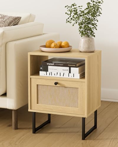 Image of Rattan Nightstand, Boho Night Stand Farmhouse Wood Bedside Table with Storage and Open Shelf, End Side Accent Table for Bedroom,Living Room,Oak