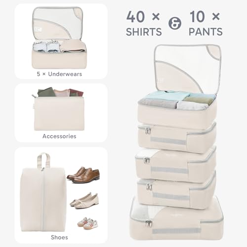 Image of OlarHike Travel Essentials ALL INCLUDED 10 Set Sturdy Packing Cubes for Suitcases, UPGRADED Anti-Tear Stitching, NEW Improved Luggage Packing Organizers for Travel Accessories(Cream)