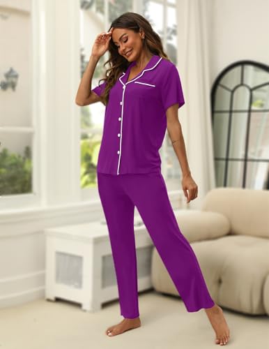 Image of HNG Women Pajamas Set 2 Piece Button Up Pajamas Pant and Short Sleeve Shirt for Woman Pj Sets with Pocket