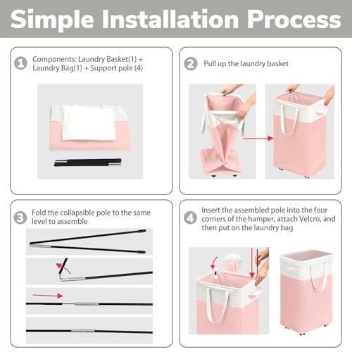 Image of Goodpick Laundry Basket with Wheels 2-Pack, 75L Tall Clothes Hamper, Large Laundry Basket with Removable Wash Bag for Corner Dorm, Rolling Hamper, Pink&White