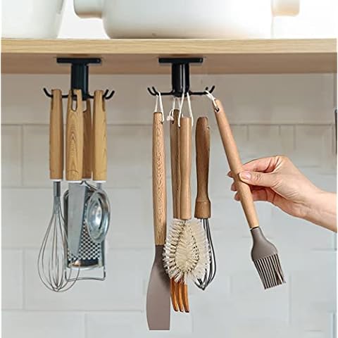 EigPluy 2pcs Under Cabinet Kitchen Utensil Hooks,360° Rotating Drilling Free Adhesive Utensils Hanging Rack for Tools/Towel/Knife (Black) Cover
