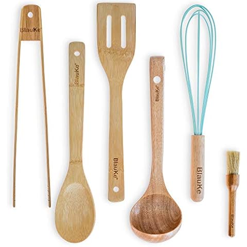 BlauKe® Wooden Kitchen Utensils Set of 6 - Wooden Spatulas for Cooking, Wooden Spoons, Tongs Ladle Whisk Brush - Non Stick Bamboo Cooking Utensils Cover
