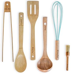BlauKe Wooden Kitchen Utensil Set 6 Pieces – Cookware with Wooden Spoon, Spatula, Tongs, Whisk, Ladle, Brush – Bamboo Kitchen Accessories, Wooden Cooking Utensils Set