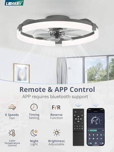 Image of LEDIARY 20 inch Ceiling Fans with Lights and Remote, Modern Low Profile Ceiling Fan, 3 CCT, Stepless Dimmable, Fandelier Flush Mount Fan Light, 6 Speeds, DC Motor, App & Remote Control for Bedroom(Gray)