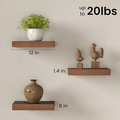 Image of Fun Memories 12 Inch Floating Shelves for Wall Set of 3, Wood Grain Bathroom Shelves with Invisible Brackets, Easy Install Wood Storage Shelves for Kitchen, Living Room, Bedroom, Brown