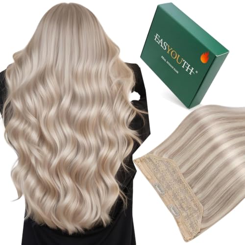 Image of Easyouth Wire Hair Extensions Blonde Highlight Wire Hair Extensions Real Human Hair Ash Blonde Highlights Blond Fish Line Remy Hair Extension for Short Straight Hair 12 Inch 70g
