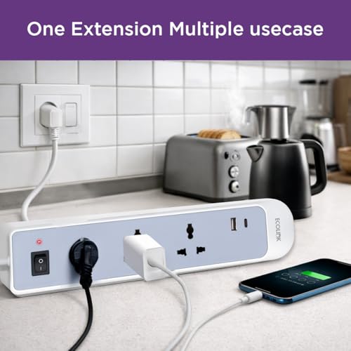 Image of EcoLink PowerPlus 3-Socket 6A Extension | Dual USB-A & USB-C Fast Charging Ports | Compact, Portable & Safe Power Strip | Home, Office & Travel | Overload & Short Circuit Protection | pack of 1